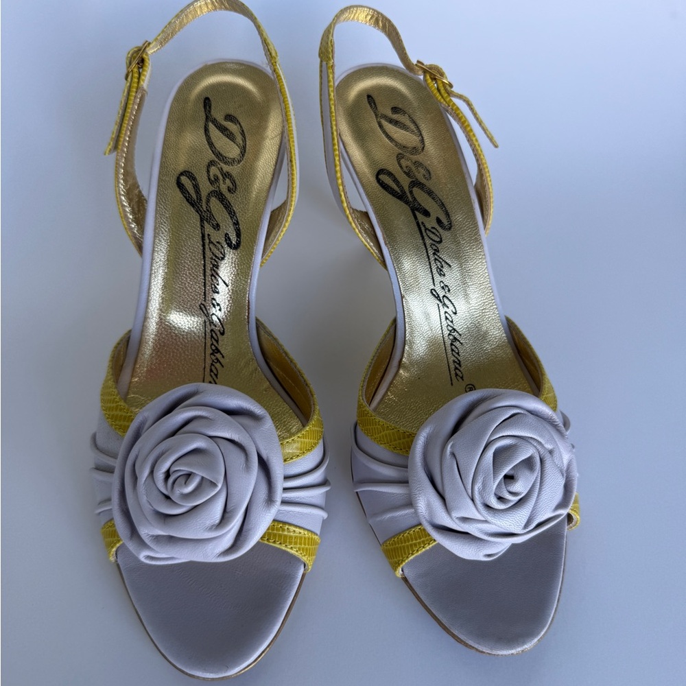 Archival D&G Gold and Ivory Floral Slingback Heels